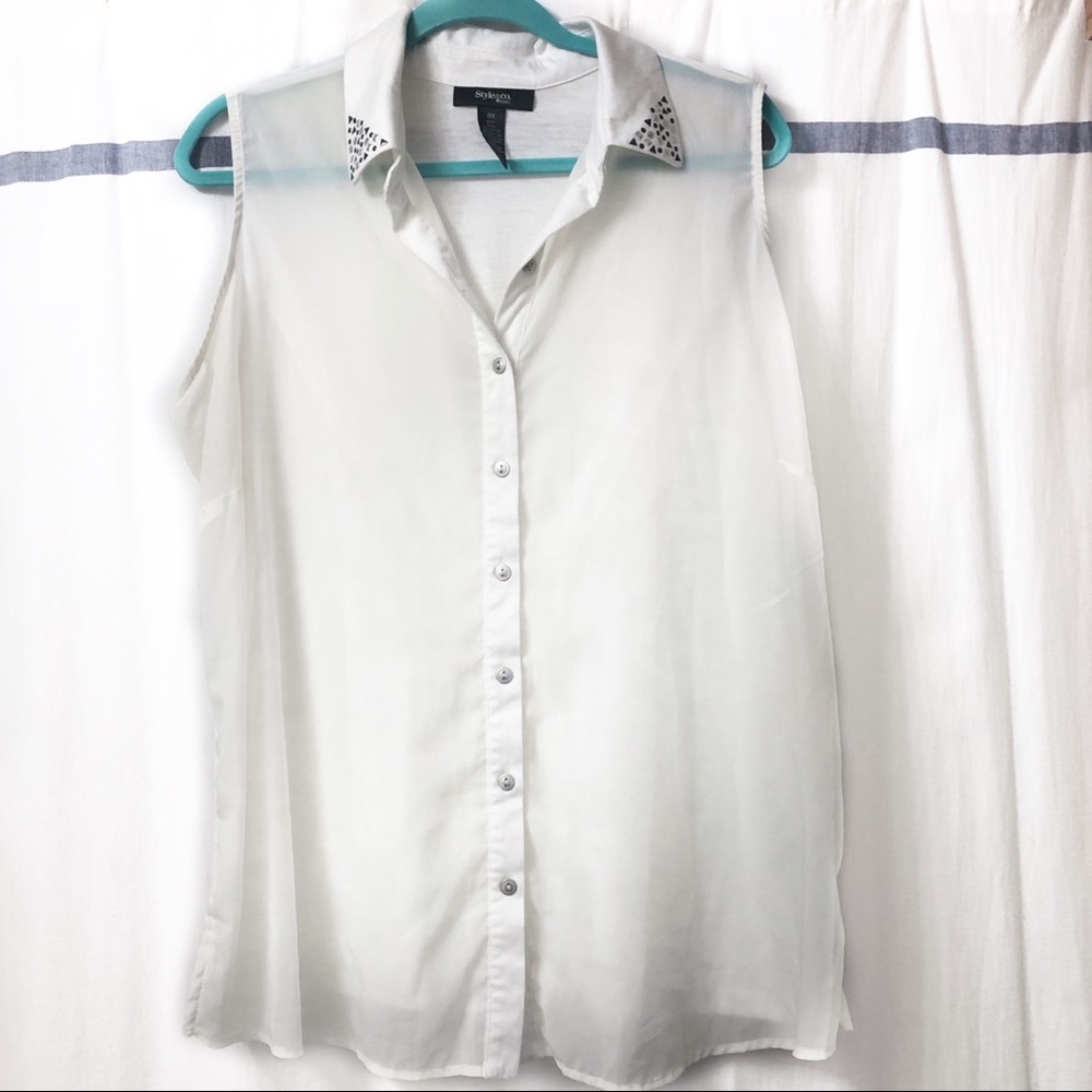 Sheer White Button Down Blouse w/ Studded Collar